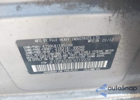 2012 Subaru Impreza 2.0I Premium from USA, damaged, VIN JF1GPAD68CH219928